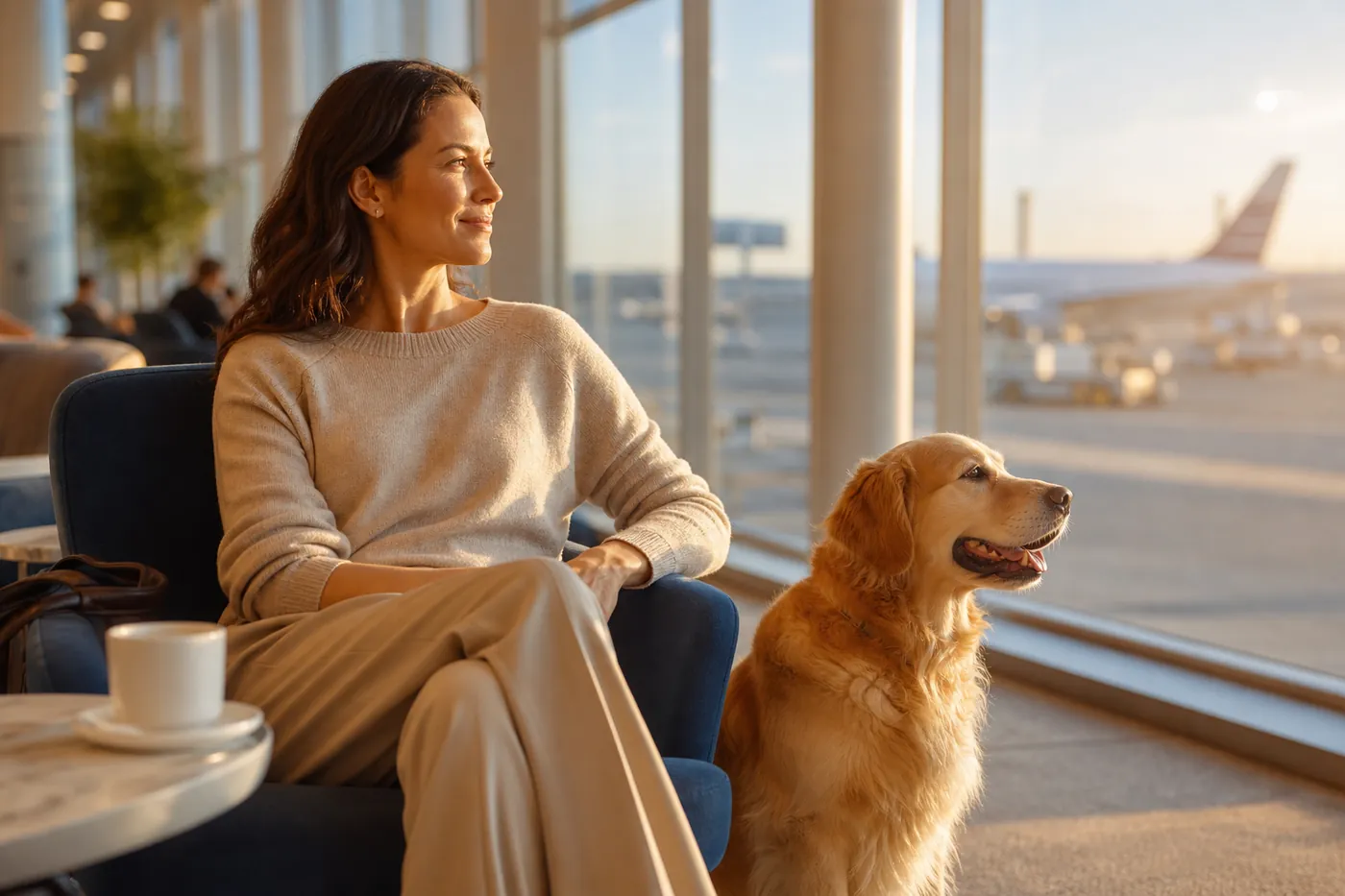 Tutora serena com um Golden Retriever em um lounge de aeroporto, luz quente do fim da tarde