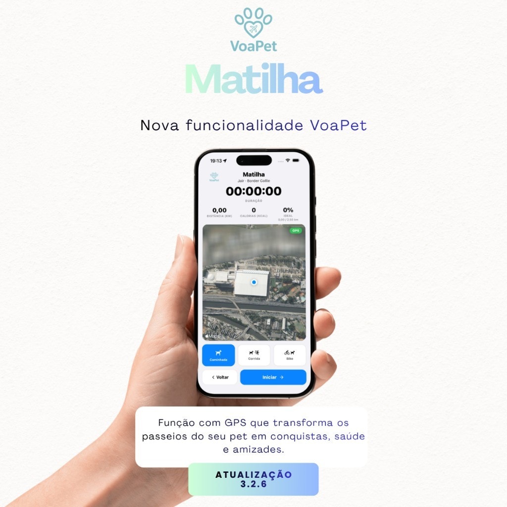 Arte da Matilha no VoaPet 3.2.6: celular com GPS, modos caminhada, corrida e bike