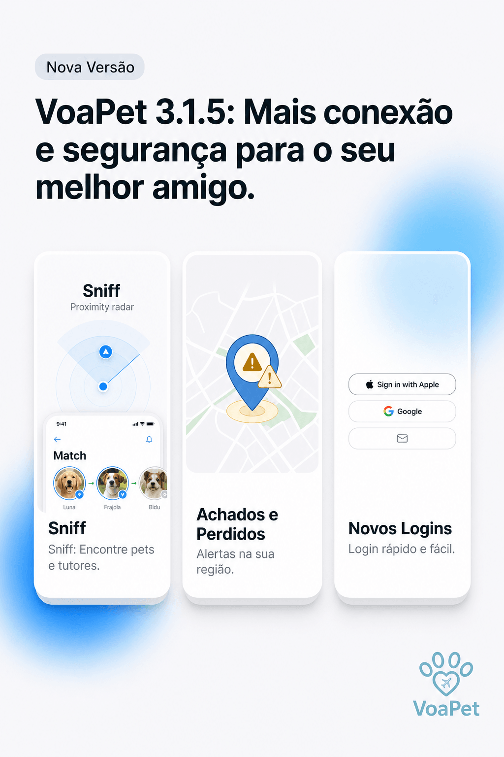 Arte da atualização VoaPet 3.1.5 com Sniff, Achados e Perdidos e novos logins