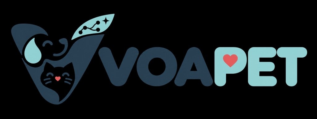 Nova identidade visual VoaPet: emblema em V com cão, gato e constelação ao lado do wordmark VOAPET
